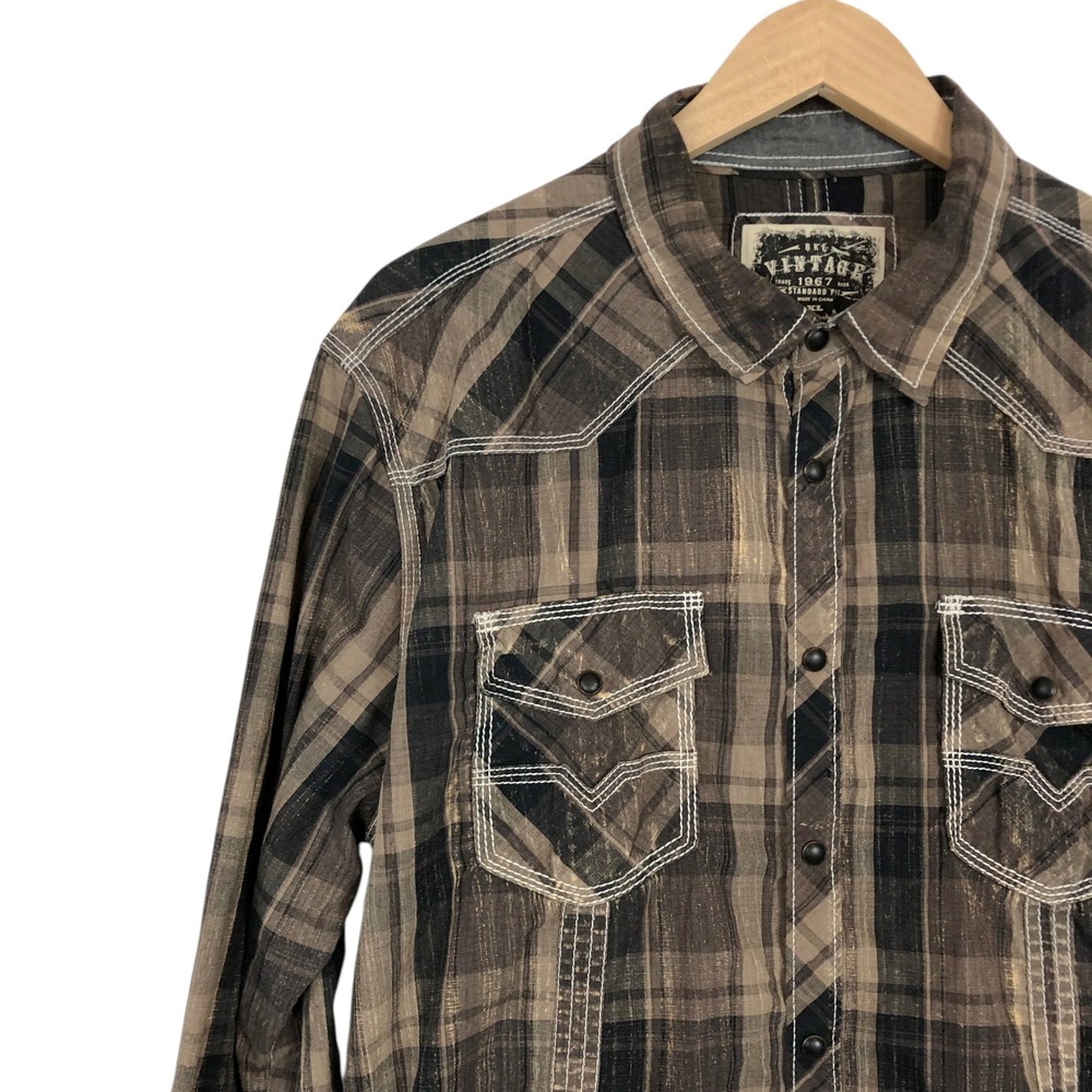 BKE Mens XL Brown Plaid Western Pearl Snap Button Down Shirt Cowboy Rodeo Biker - Picture 4 of 13